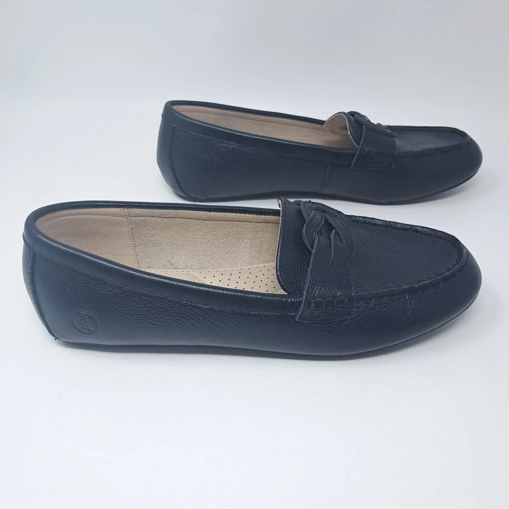 Lands' End Womens Leather Loafers Navy 8.5 B Classic‎ Preppy Slip-On Shoe